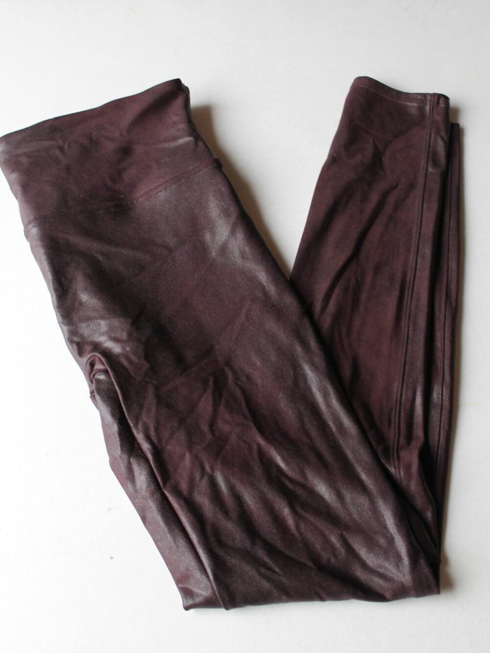 SPANX Faux Leather Leggings Size L Wine Burgundy High Waist Shaping Pants